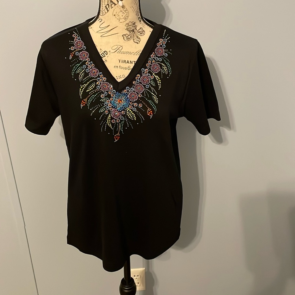 Black with Festive Bling Shirt, EUC